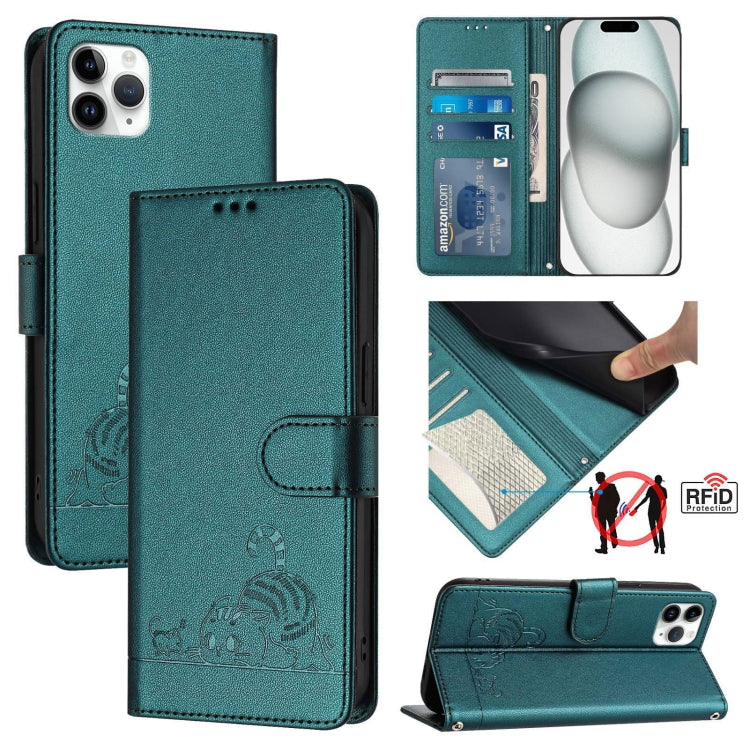 고양이 쥐 엠보스드 패턴 RFID 가죽 폰 케이스 목걸이 끈 포함, iPhone 13 mini용, iPhone 12/12 Pro용, iPhone 12 Pro Max용, iPhone 12 mini용, iPhone 11 Pro Max용, iPhone 11용, iPhone 11 Pro용, iPhone XS / X용