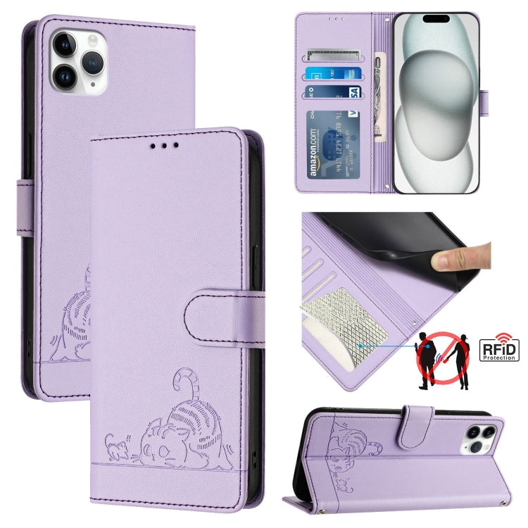 고양이 쥐 엠보스드 패턴 RFID 가죽 폰 케이스 목걸이 끈 포함, iPhone 13 mini용, iPhone 12/12 Pro용, iPhone 12 Pro Max용, iPhone 12 mini용, iPhone 11 Pro Max용, iPhone 11용, iPhone 11 Pro용, iPhone XS / X용