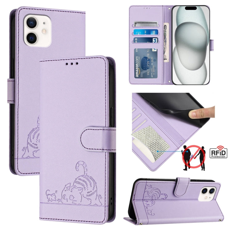 고양이 쥐 엠보스드 패턴 RFID 가죽 폰 케이스 목걸이 끈 포함, iPhone 13 mini용, iPhone 12/12 Pro용, iPhone 12 Pro Max용, iPhone 12 mini용, iPhone 11 Pro Max용, iPhone 11용, iPhone 11 Pro용, iPhone XS / X용