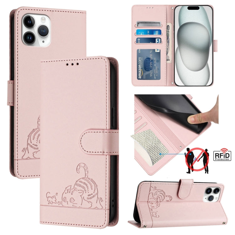 고양이 쥐 엠보스드 패턴 RFID 가죽 폰 케이스 목걸이 끈 포함, iPhone 13 mini용, iPhone 12/12 Pro용, iPhone 12 Pro Max용, iPhone 12 mini용, iPhone 11 Pro Max용, iPhone 11용, iPhone 11 Pro용, iPhone XS / X용