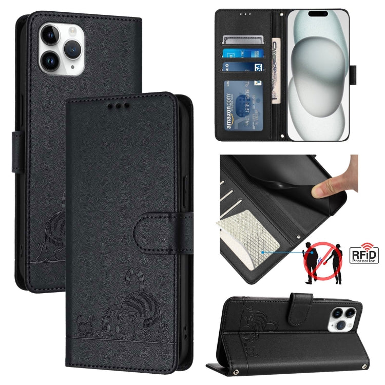 고양이 쥐 엠보스드 패턴 RFID 가죽 폰 케이스 목걸이 끈 포함, iPhone 13 mini용, iPhone 12/12 Pro용, iPhone 12 Pro Max용, iPhone 12 mini용, iPhone 11 Pro Max용, iPhone 11용, iPhone 11 Pro용, iPhone XS / X용