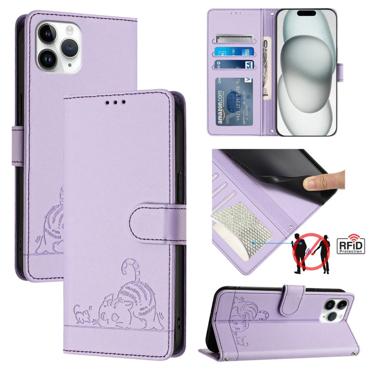 고양이 쥐 엠보스드 패턴 RFID 가죽 폰 케이스 목걸이 끈 포함, iPhone 13 mini용, iPhone 12/12 Pro용, iPhone 12 Pro Max용, iPhone 12 mini용, iPhone 11 Pro Max용, iPhone 11용, iPhone 11 Pro용, iPhone XS / X용