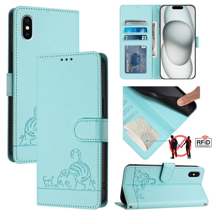 고양이 쥐 엠보스드 패턴 RFID 가죽 폰 케이스 목걸이 끈 포함, iPhone 13 mini용, iPhone 12/12 Pro용, iPhone 12 Pro Max용, iPhone 12 mini용, iPhone 11 Pro Max용, iPhone 11용, iPhone 11 Pro용, iPhone XS / X용