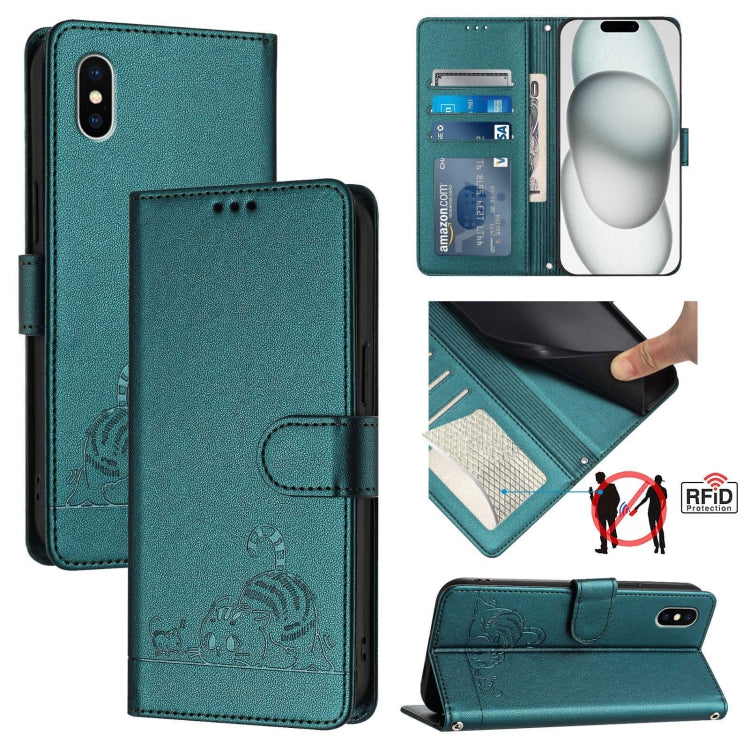 고양이 쥐 엠보스드 패턴 RFID 가죽 폰 케이스 목걸이 끈 포함, iPhone 13 mini용, iPhone 12/12 Pro용, iPhone 12 Pro Max용, iPhone 12 mini용, iPhone 11 Pro Max용, iPhone 11용, iPhone 11 Pro용, iPhone XS / X용