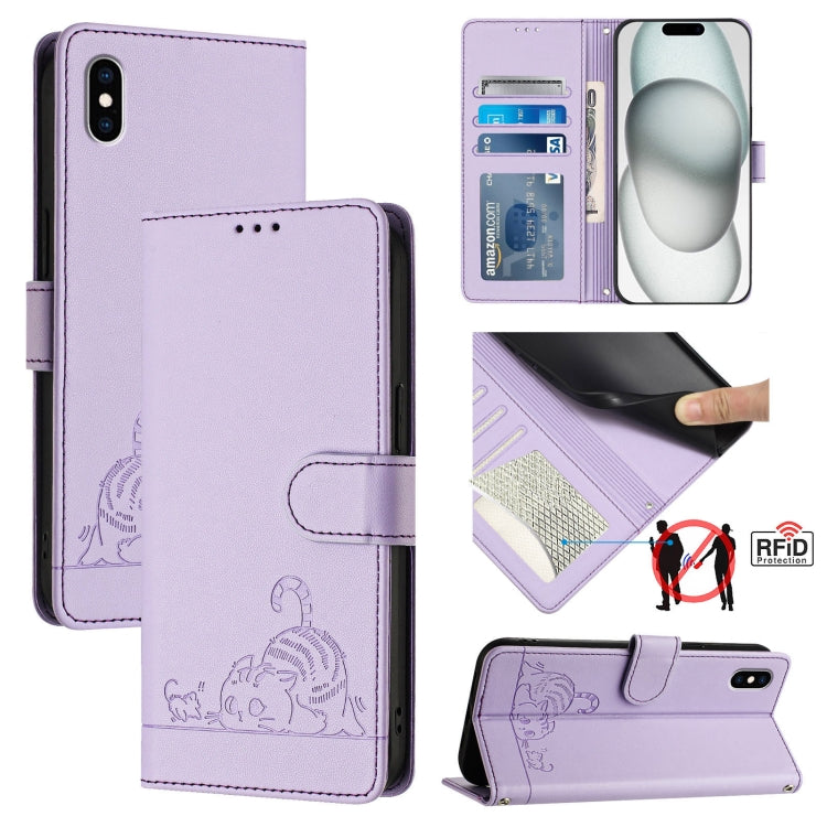 고양이 쥐 엠보스 패턴 RFID 가죽 휴대폰 케이스와 목걸이줄, 아이폰 XR용, 아이폰 XS 맥스용, 아이폰 8 플러스 / 7 플러스용