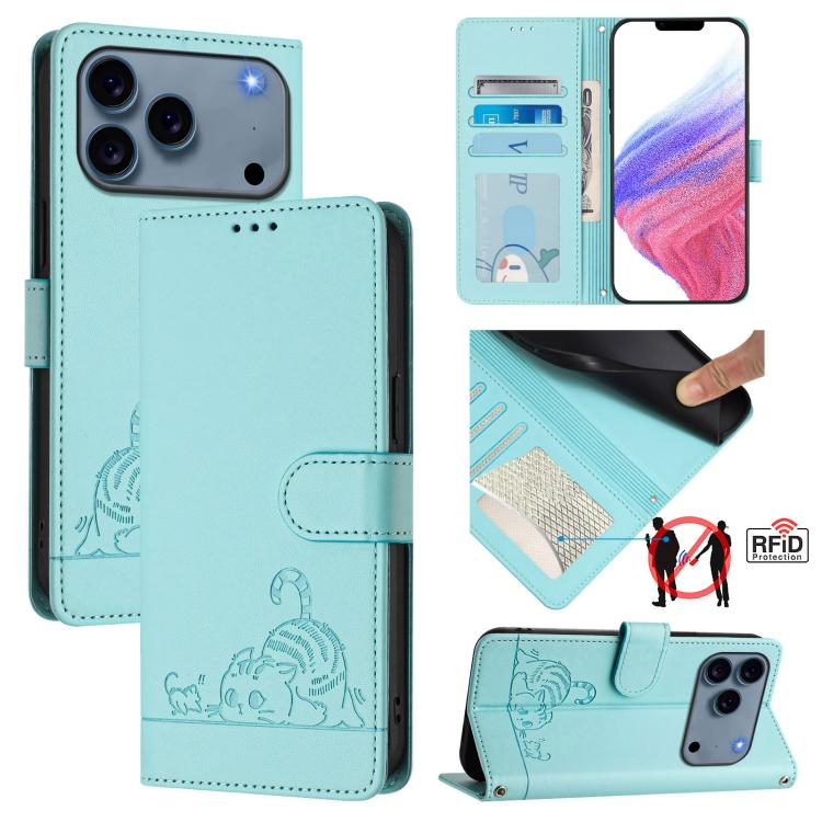 고양이 쥐 엠보스 패턴 RFID 가죽 휴대폰 케이스 스트랩 포함, 아이폰 17 Pro Max용, 아이폰 17 Pro용, 아이폰 17용, 아이폰 Air용, 아이폰 SE 2024용, 아이폰 15 Pro Max용, 아이폰 15 Pro용, 아이폰 15 Plus용