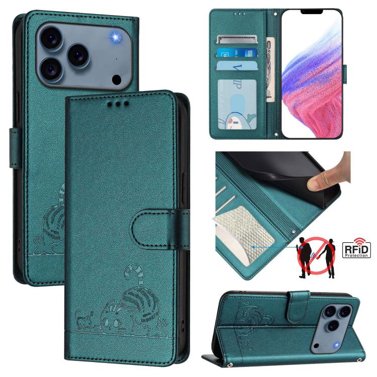 고양이 쥐 엠보스 패턴 RFID 가죽 휴대폰 케이스 스트랩 포함, 아이폰 17 Pro Max용, 아이폰 17 Pro용, 아이폰 17용, 아이폰 Air용, 아이폰 SE 2024용, 아이폰 15 Pro Max용, 아이폰 15 Pro용, 아이폰 15 Plus용