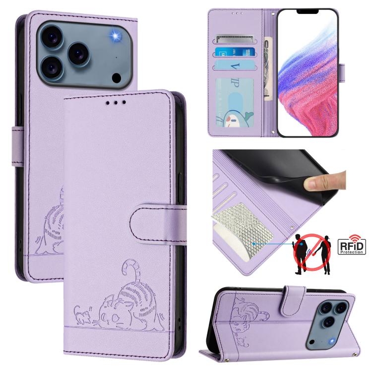 고양이 쥐 엠보스 패턴 RFID 가죽 휴대폰 케이스 스트랩 포함, 아이폰 17 Pro Max용, 아이폰 17 Pro용, 아이폰 17용, 아이폰 Air용, 아이폰 SE 2024용, 아이폰 15 Pro Max용, 아이폰 15 Pro용, 아이폰 15 Plus용
