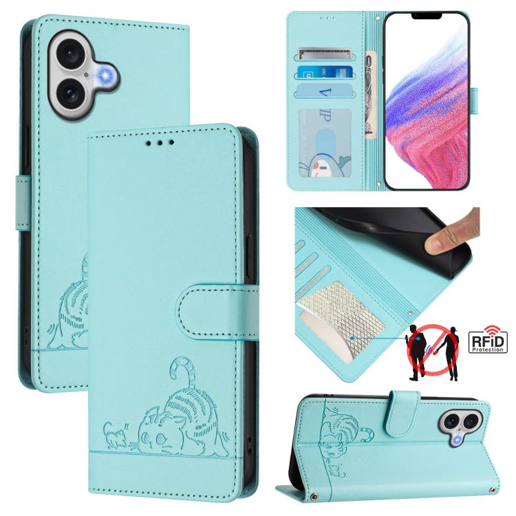 고양이 쥐 엠보스 패턴 RFID 가죽 휴대폰 케이스 스트랩 포함, 아이폰 17 Pro Max용, 아이폰 17 Pro용, 아이폰 17용, 아이폰 Air용, 아이폰 SE 2024용, 아이폰 15 Pro Max용, 아이폰 15 Pro용, 아이폰 15 Plus용