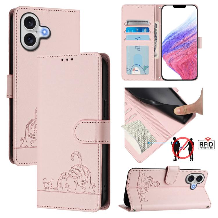 고양이 쥐 엠보스 패턴 RFID 가죽 휴대폰 케이스 스트랩 포함, 아이폰 17 Pro Max용, 아이폰 17 Pro용, 아이폰 17용, 아이폰 Air용, 아이폰 SE 2024용, 아이폰 15 Pro Max용, 아이폰 15 Pro용, 아이폰 15 Plus용