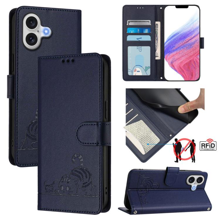 고양이 쥐 엠보스 패턴 RFID 가죽 휴대폰 케이스 스트랩 포함, 아이폰 17 Pro Max용, 아이폰 17 Pro용, 아이폰 17용, 아이폰 Air용, 아이폰 SE 2024용, 아이폰 15 Pro Max용, 아이폰 15 Pro용, 아이폰 15 Plus용