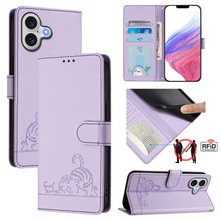 고양이 쥐 엠보스 패턴 RFID 가죽 휴대폰 케이스 스트랩 포함, 아이폰 17 Pro Max용, 아이폰 17 Pro용, 아이폰 17용, 아이폰 Air용, 아이폰 SE 2024용, 아이폰 15 Pro Max용, 아이폰 15 Pro용, 아이폰 15 Plus용