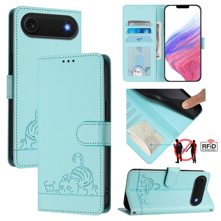 고양이 쥐 엠보스 패턴 RFID 가죽 휴대폰 케이스 스트랩 포함, 아이폰 17 Pro Max용, 아이폰 17 Pro용, 아이폰 17용, 아이폰 Air용, 아이폰 SE 2024용, 아이폰 15 Pro Max용, 아이폰 15 Pro용, 아이폰 15 Plus용