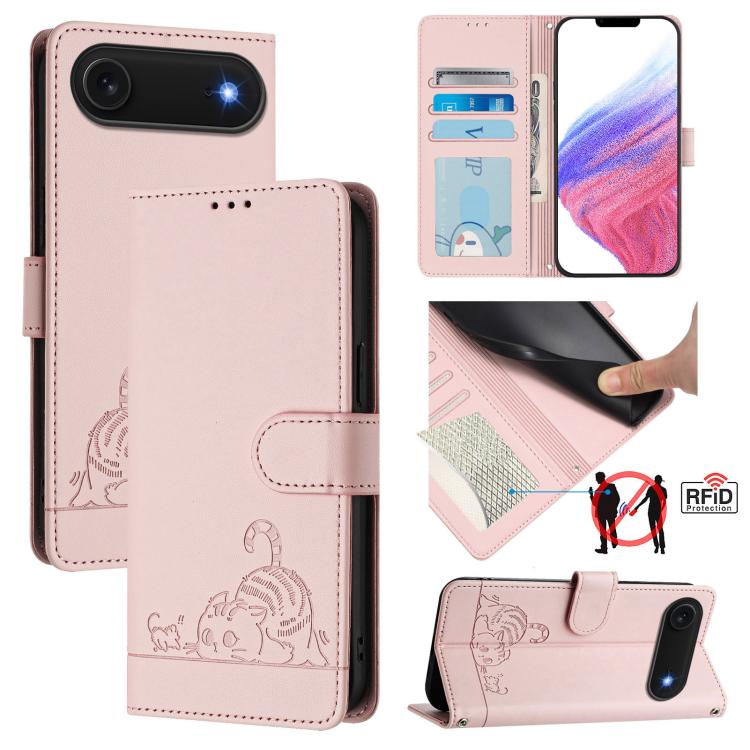 고양이 쥐 엠보스 패턴 RFID 가죽 휴대폰 케이스 스트랩 포함, 아이폰 17 Pro Max용, 아이폰 17 Pro용, 아이폰 17용, 아이폰 Air용, 아이폰 SE 2024용, 아이폰 15 Pro Max용, 아이폰 15 Pro용, 아이폰 15 Plus용