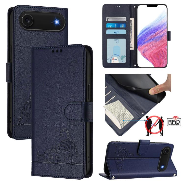 고양이 쥐 엠보스 패턴 RFID 가죽 휴대폰 케이스 스트랩 포함, 아이폰 17 Pro Max용, 아이폰 17 Pro용, 아이폰 17용, 아이폰 Air용, 아이폰 SE 2024용, 아이폰 15 Pro Max용, 아이폰 15 Pro용, 아이폰 15 Plus용