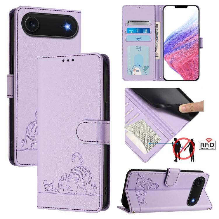 고양이 쥐 엠보스 패턴 RFID 가죽 휴대폰 케이스 스트랩 포함, 아이폰 17 Pro Max용, 아이폰 17 Pro용, 아이폰 17용, 아이폰 Air용, 아이폰 SE 2024용, 아이폰 15 Pro Max용, 아이폰 15 Pro용, 아이폰 15 Plus용