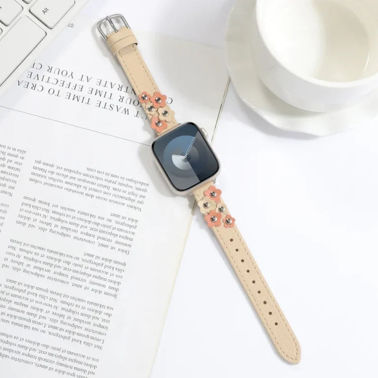 Stitched Flower Leather Watch Band, For Apple Watch SE 2023 44mm, For Apple Watch SE 2023 40mm, For Apple Watch Ultra 2 49mm, For Apple Watch Series 9 45mm, For Apple Watch Series 9 41mm, For Apple Watch Ultra 49mm, For Apple Watch Series 8 41mm       ...