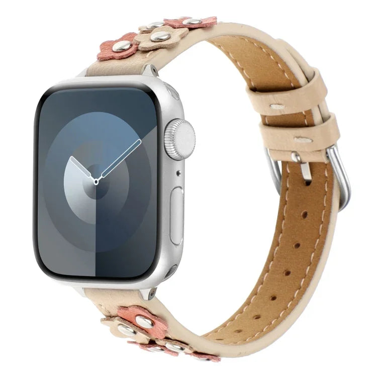 Stitched Flower Leather Watch Band, For Apple Watch SE 2023 44mm, For Apple Watch SE 2023 40mm, For Apple Watch Ultra 2 49mm, For Apple Watch Series 9 45mm, For Apple Watch Series 9 41mm, For Apple Watch Ultra 49mm, For Apple Watch Series 8 41mm       ...