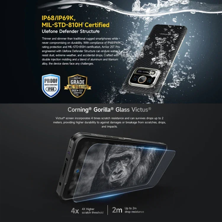 Ulefone Armor 25T Pro Rugged Phone, Thermal Imaging, 6.78 inch Android 15 MediaTek Dimensity 6300 Octa Core, Network: 5G, NFC, 8GB+256GB