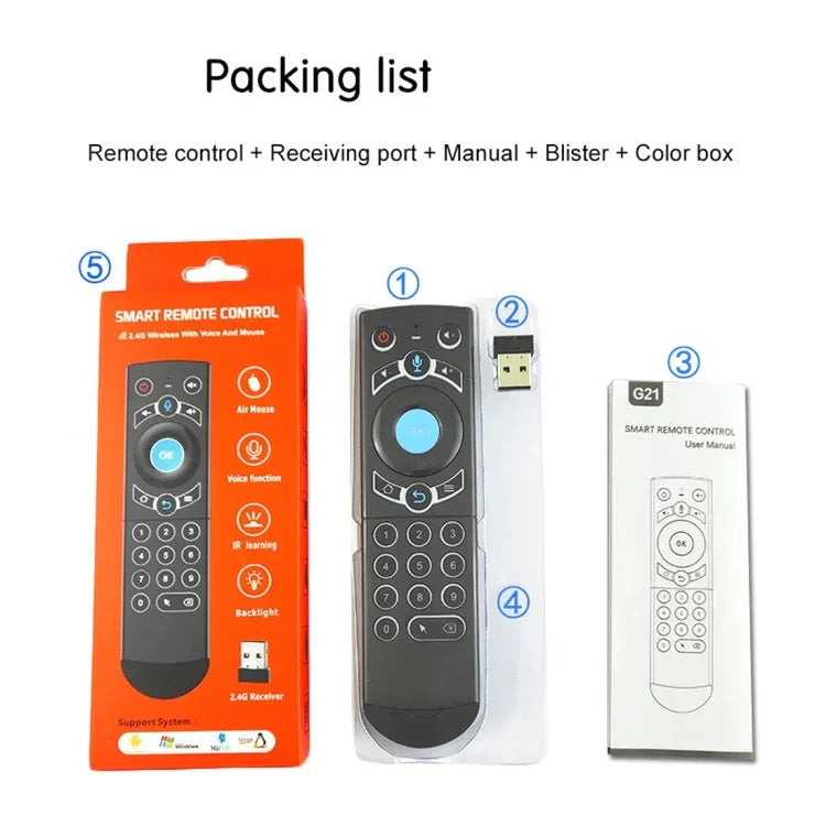 G21 2.4GHz 플라이 에어 마우스 LED 백라이트 무선 키보드 리모컨, 자이로스코프 내장, 안드로이드 TV 박스 / PC용, 지능형 음성 지원, 오렌지