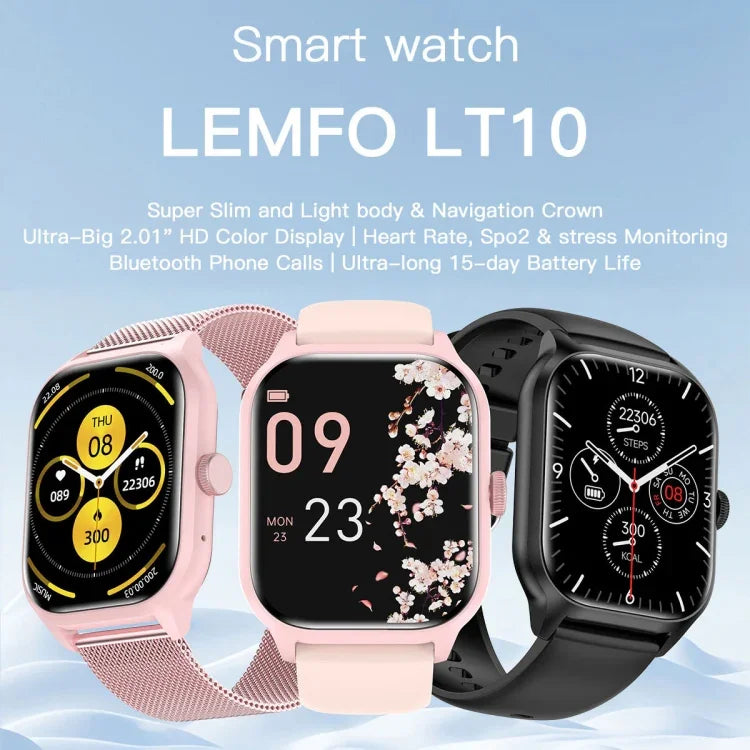 LEMFO LT10 2.01인치 TFT 화면 스마트워치, 블루투스 통화 / 건강 모니터링 지원, 스틸 스트랩, 실리콘 스트랩