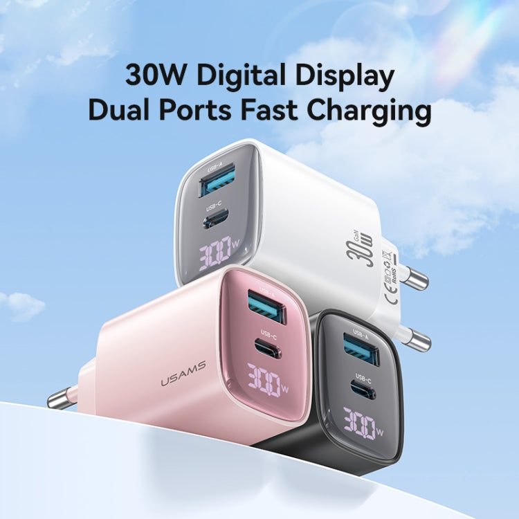 USAMS CC229 30W USB+USB-C / 타입-C 듀얼 포트 GaN 디지털 디스플레이 충전기, 사양: EU 플러그, CC229