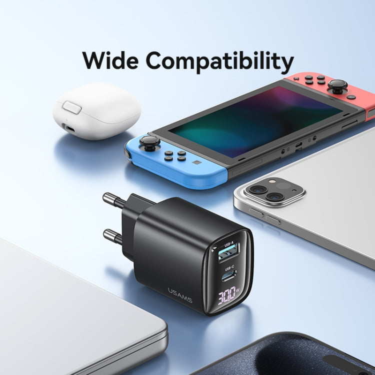 USAMS CC229 30W USB+USB-C / 타입-C 듀얼 포트 GaN 디지털 디스플레이 충전기, 사양: EU 플러그, CC229