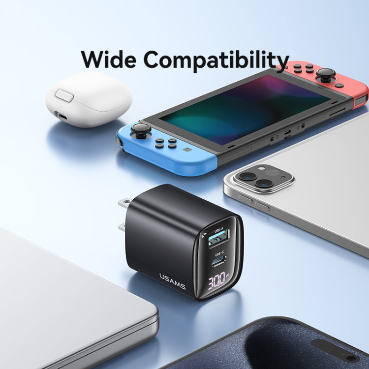 USAMS CC230 30W USB+USB-C / 타입-C 듀얼 포트 GaN 디지털 디스플레이 충전기, 사양: US 플러그, CC230