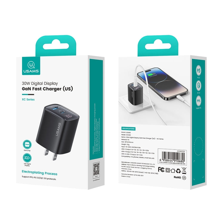 USAMS CC230 30W USB+USB-C / 타입-C 듀얼 포트 GaN 디지털 디스플레이 충전기, 사양: US 플러그, CC230