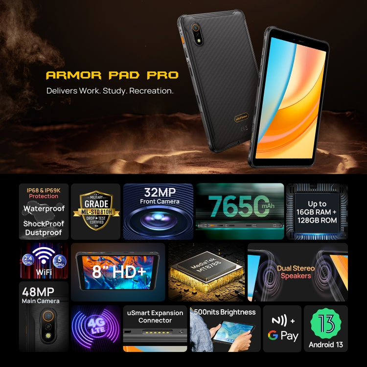 Ulefone Armor Pad Pro 러기드 태블릿 PC, 8인치 Android 13 MediaTek MT8788 옥타 코어 4G 네트워크, EU 플러그, Armor Pad Pro