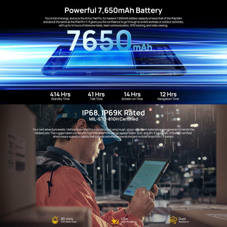 Ulefone Armor Pad Pro 러기드 태블릿 PC, 8인치 Android 13 MediaTek MT8788 옥타 코어 4G 네트워크, EU 플러그, Armor Pad Pro