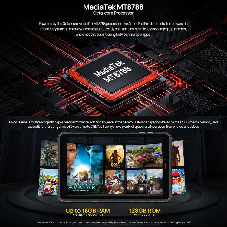 Ulefone Armor Pad Pro 러기드 태블릿 PC, 8인치 Android 13 MediaTek MT8788 옥타 코어 4G 네트워크, EU 플러그, Armor Pad Pro