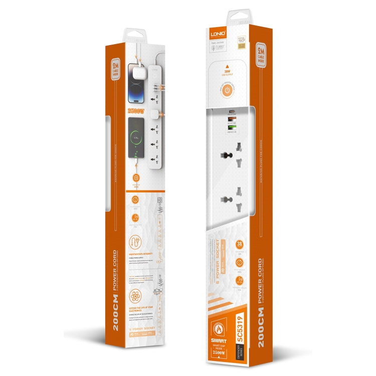 LDNIO SC5319 5포지션 여행용 가정용 사무실 소켓 38W USB 포트 포함, 케이블 길이: 2m, EU 플러그, UK 플러그, 미국 플러그