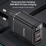 Yesido YC69 30W USB + 듀얼 USB-C / 타입-C 디지털 디스플레이 충전기, 사양: EU 플러그, YC69