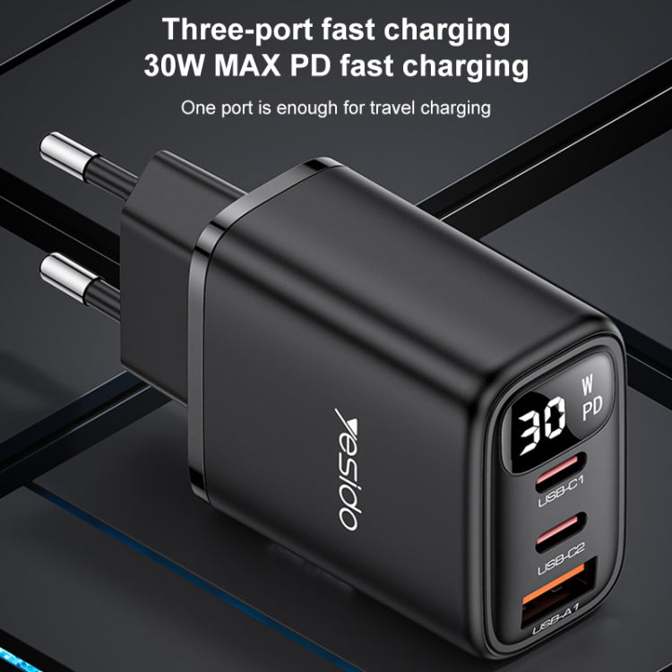 Yesido YC69 30W USB + 듀얼 USB-C / 타입-C 디지털 디스플레이 충전기, 사양: EU 플러그, YC69