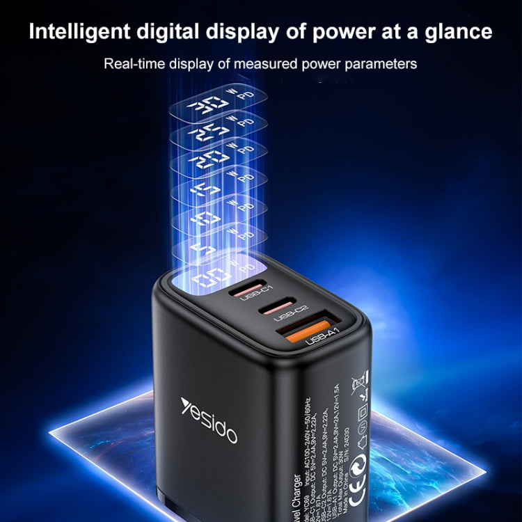 Yesido YC69 30W USB + 듀얼 USB-C / 타입-C 디지털 디스플레이 충전기, 사양: EU 플러그, YC69