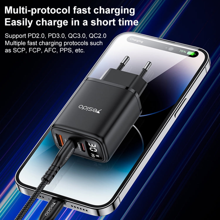 Yesido YC69 30W USB + 듀얼 USB-C / 타입-C 디지털 디스플레이 충전기, 사양: EU 플러그, YC69