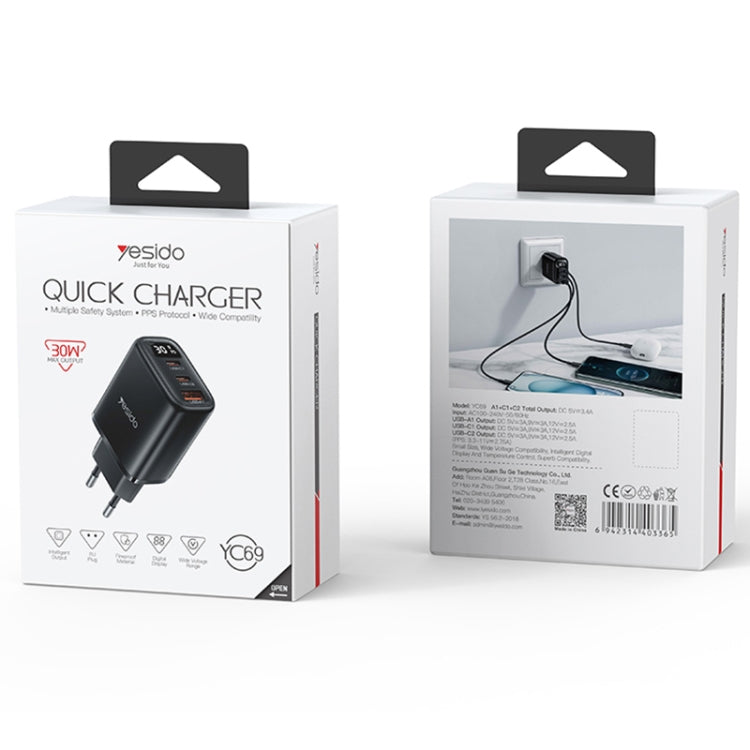Yesido YC69 30W USB + 듀얼 USB-C / 타입-C 디지털 디스플레이 충전기, 사양: EU 플러그, YC69