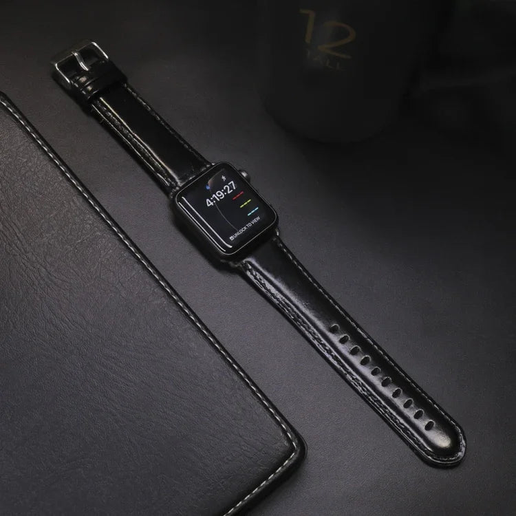 라운드 테일 레트로 크레이지 호스 텍스처 천연 가죽 교체용 시계줄, Apple Watch 5 & 4 44mm / 3 & 2 & 1 42mm용, Apple Watch 시리즈 7 41mm / 6 & SE & 5 & 4 40mm / 3 & 2 & 1 38mm용