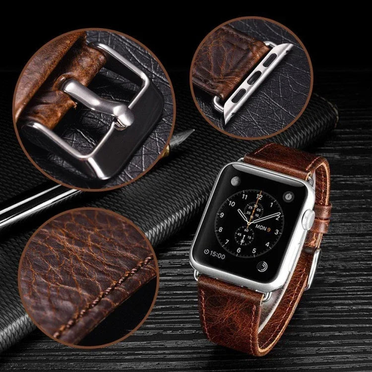 라운드 테일 레트로 크레이지 호스 텍스처 천연 가죽 교체용 시계줄, Apple Watch 5 & 4 44mm / 3 & 2 & 1 42mm용, Apple Watch 시리즈 7 41mm / 6 & SE & 5 & 4 40mm / 3 & 2 & 1 38mm용