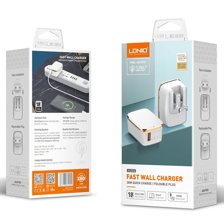 LDNIO A1204Q QC3.0 18W USB 고속 충전기 1m USB to 8핀 케이블 포함, EU 플러그, UK 플러그, US 플러그