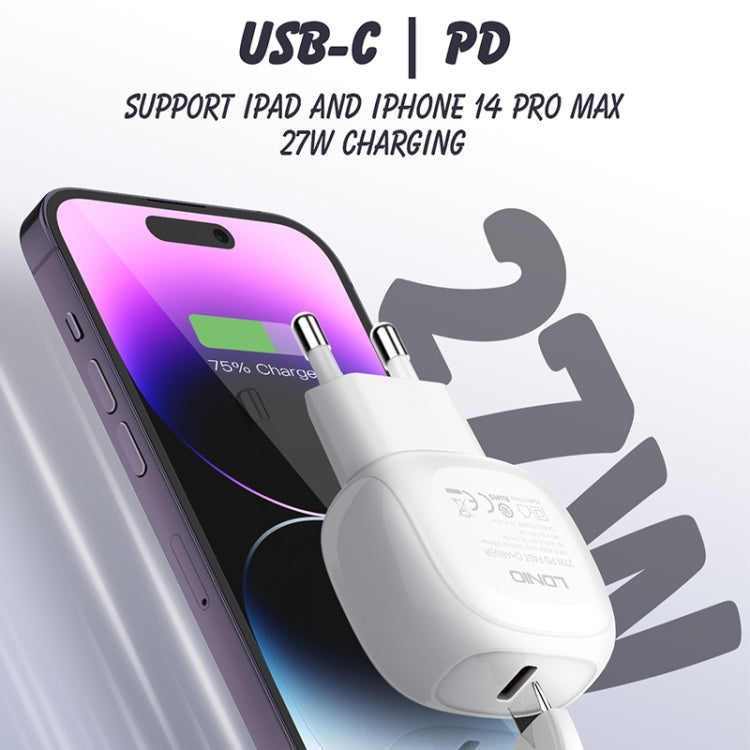 LDNIO A1206C PD27W USB-C / 타입-C 고속 충전기 1m 8핀 케이블 포함, EU 플러그