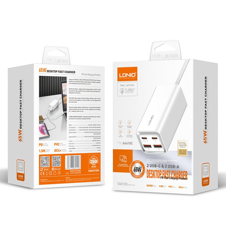 LDNIO A4610C PD65W 듀얼 USB-C / 타입-C + 듀얼 USB 고속 충전기, 케이블 길이: 1.5m, EU 플러그, A4610C (UK 플러그), US 플러그