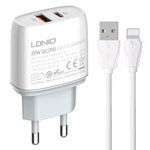 LDNIO Q229 QC3.0 / PD20W USB + 타입-C 고속 충전기 1m USB to 8핀 케이블 포함, EU 플러그, UK 플러그, US 플러그