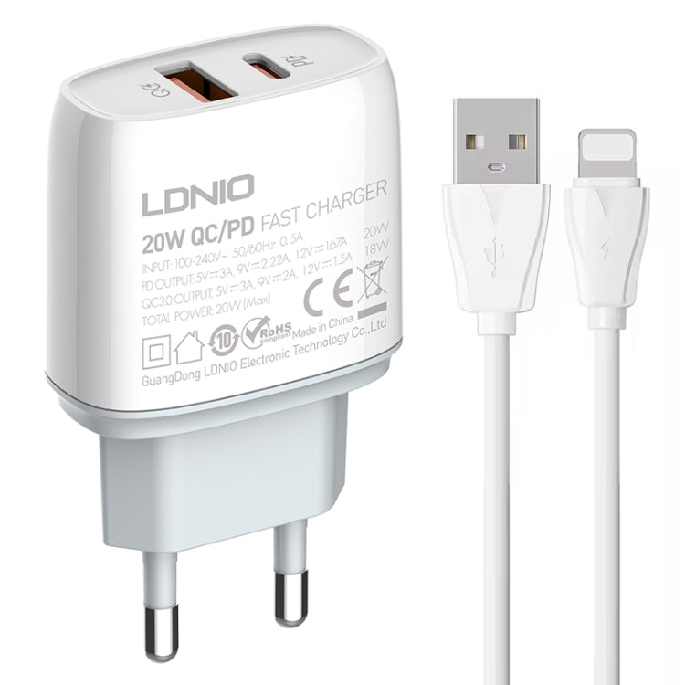 LDNIO Q229 QC3.0 / PD20W USB + 타입-C 고속 충전기 1m USB to 8핀 케이블 포함, EU 플러그, UK 플러그, US 플러그