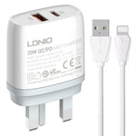 LDNIO Q229 QC3.0 / PD20W USB + 타입-C 고속 충전기 1m USB to 8핀 케이블 포함, EU 플러그, UK 플러그, US 플러그