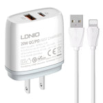 LDNIO Q229 QC3.0 / PD20W USB + 타입-C 고속 충전기 1m USB to 8핀 케이블 포함, EU 플러그, UK 플러그, US 플러그