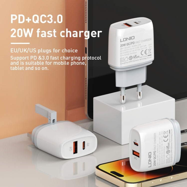 LDNIO Q229 QC3.0 / PD20W USB + 타입-C 고속 충전기 1m USB to 8핀 케이블 포함, EU 플러그, UK 플러그, US 플러그