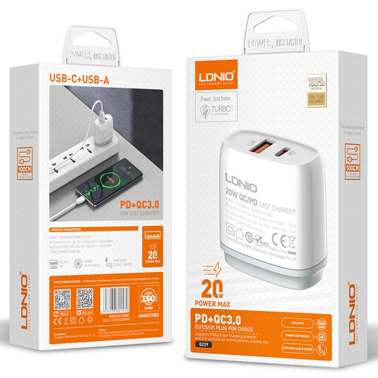 LDNIO Q229 QC3.0 / PD20W USB + 타입-C 고속 충전기 1m USB to 8핀 케이블 포함, EU 플러그, UK 플러그, US 플러그