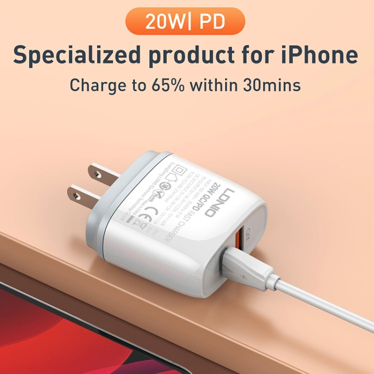 LDNIO Q229 QC3.0 / PD20W USB + 타입-C 고속 충전기 1m USB to 8핀 케이블 포함, EU 플러그, UK 플러그, US 플러그